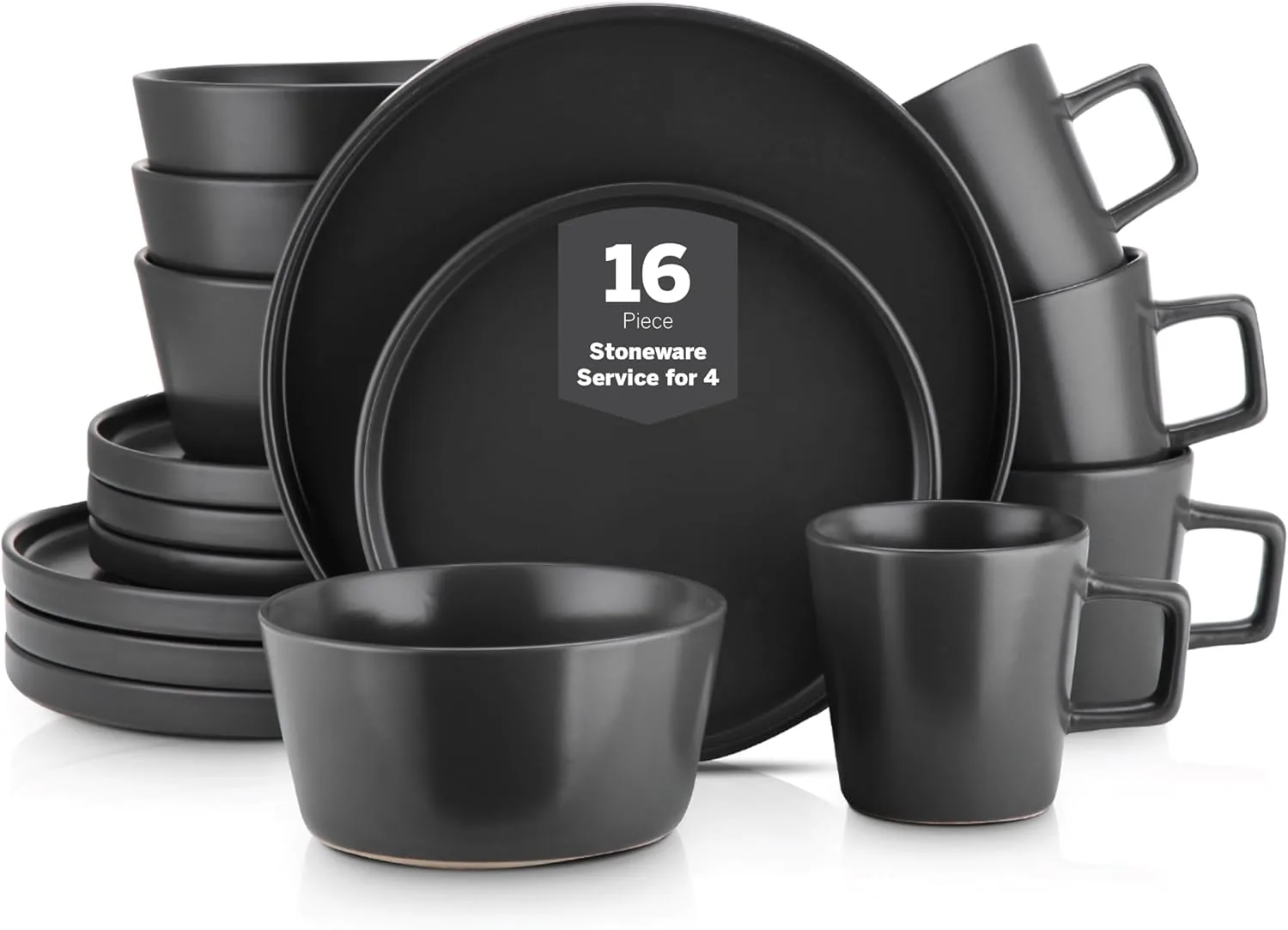 Stone Lain Celina Stoneware 16 Piece Dinnerware Set, Plates and Bowls, Black Matte Dish, Service for 4