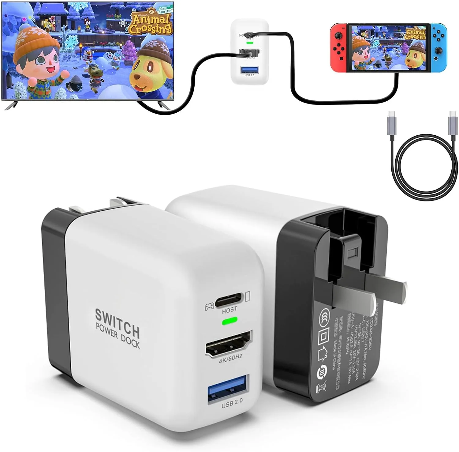 Switch Dock Charger for Nintendo Switch, Mirabox 36W Portable TV Docking Station with 4K@60Hz HDMI/USB2.0/PD USB-C Fast Charging Ports, Full