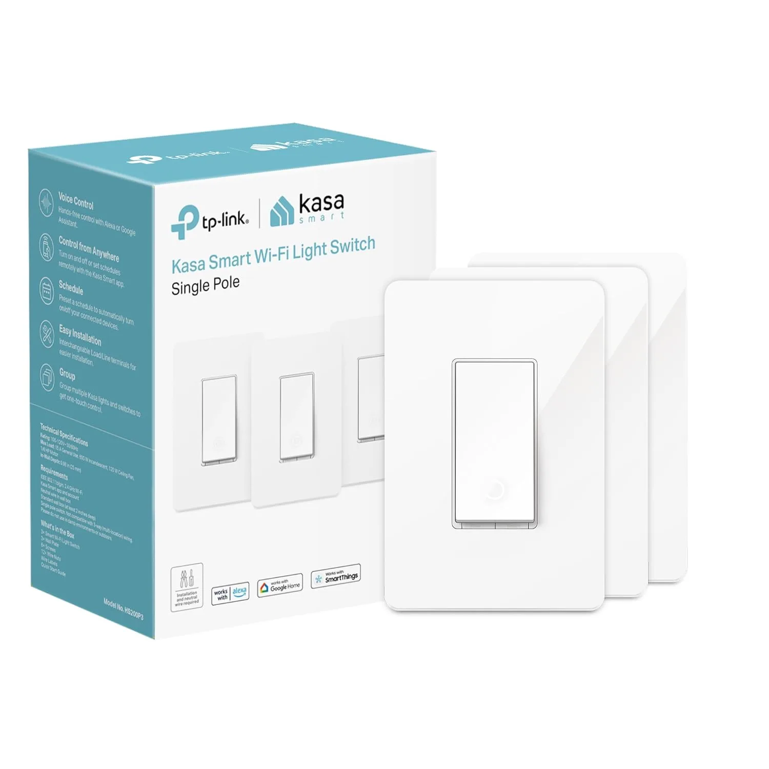 Kasa Smart Light Switch HS200P3, Single Pole, Needs Neutral Wire, 2.4GHz Wi-Fi Light Switch Compatible with Alexa and Google Home, UL Certif