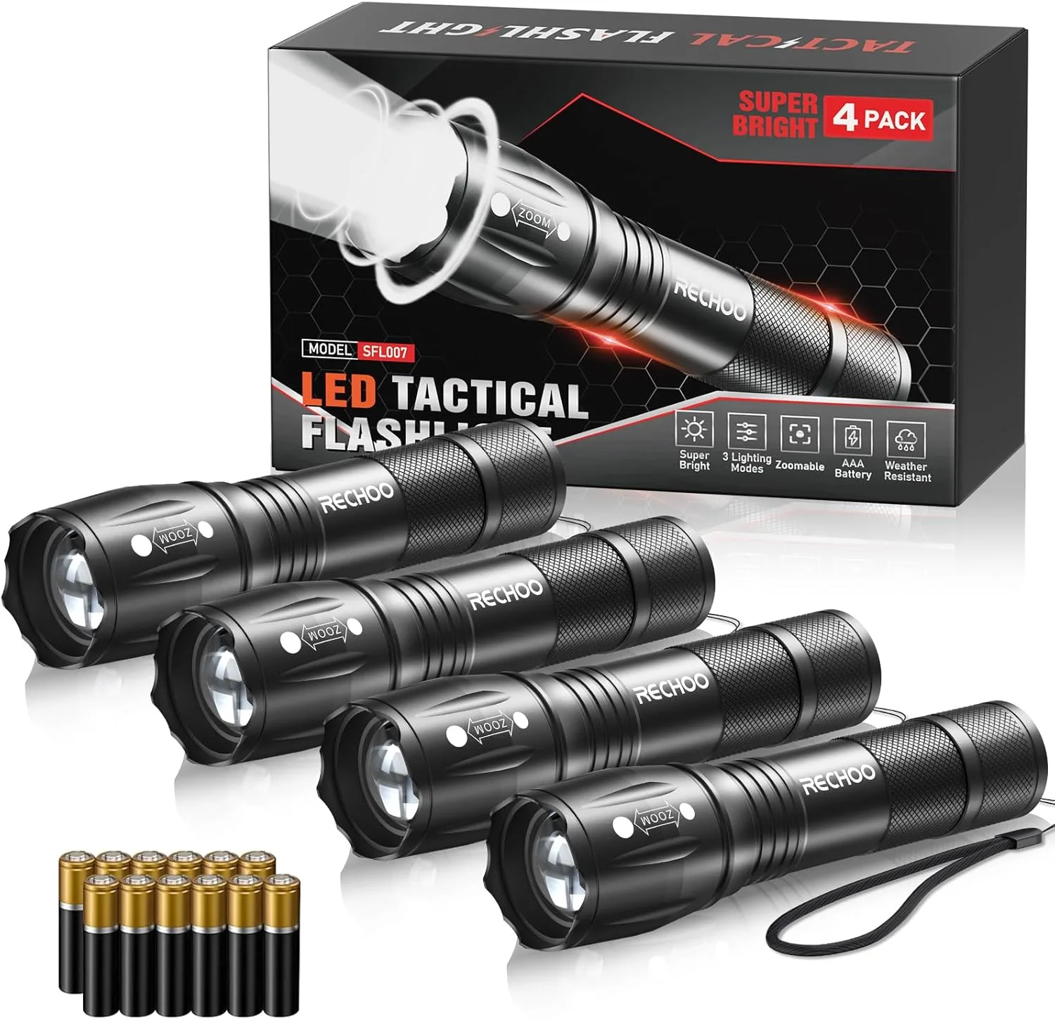 LED Flashlights High Lumens 4 Pack, Powerful Tactical Flashlight With 3 Modes, Pocket Small Flash Light, Waterproof Zoomable Flashlights for