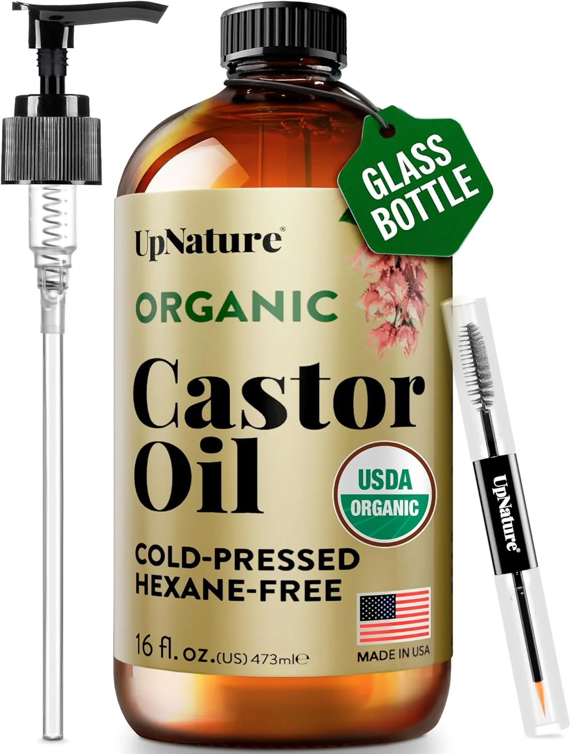 UpNature Organic Castor Oil in Glass Bottle (16 oz) 100% Pure Cold Pressed Unrefined Castor Oil