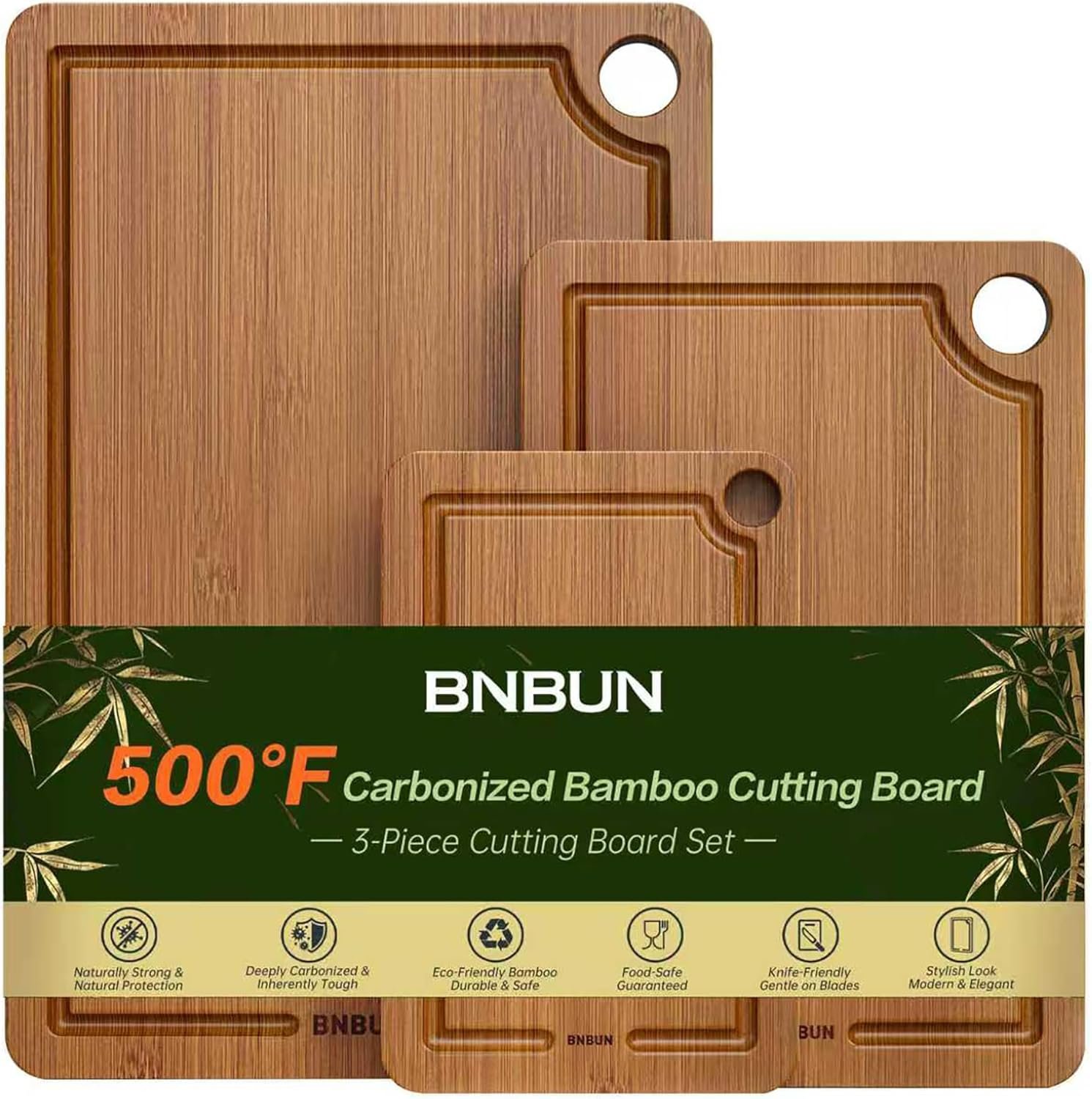 Bamboo Cutting Board for Kitchen, 3-Piece Set with Juice Grooves, Side Handles & Non-Slip Mats