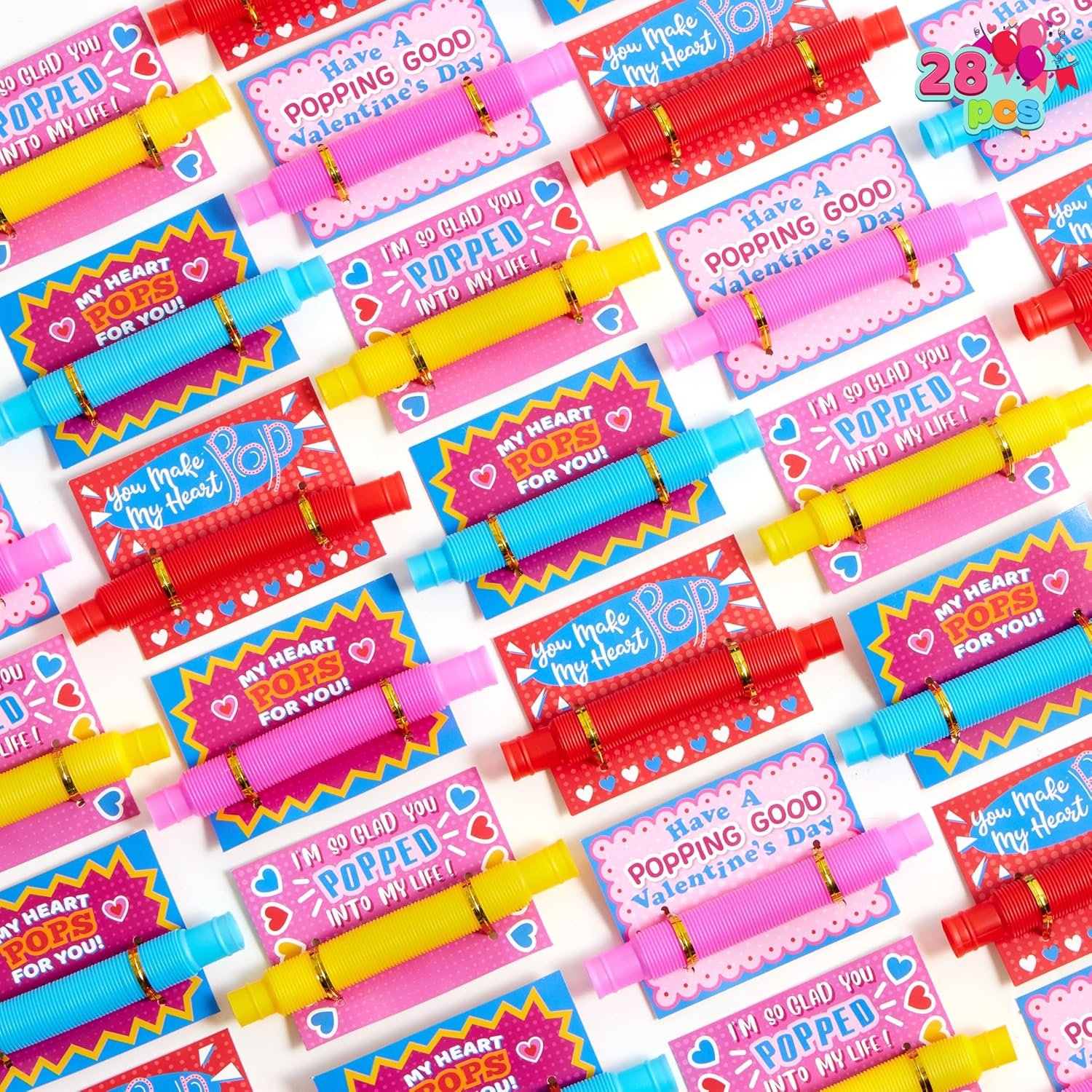 JOYIN 28 Packs Valentines Cards with Pop Tubes for Kids, Pop Tubes with Gift Cards Set
