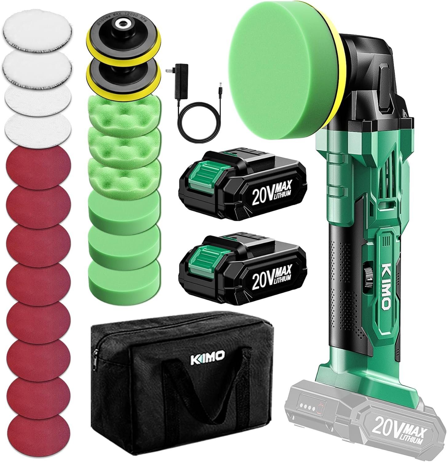 KIMO 20V Cordless Car Buffer Polisher Kit, 25Pcs Polishing Kit, 6 Speeds to 6000RPM / 2*2000mAh Batteries Cordless Polishers