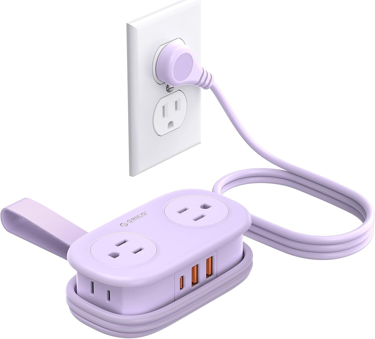 ORICO Purple Travel Power Strip PD20W with 4 AC Outlets 3 USB Ports (1 USB-C), 4FT Flat Plug Extension Cord