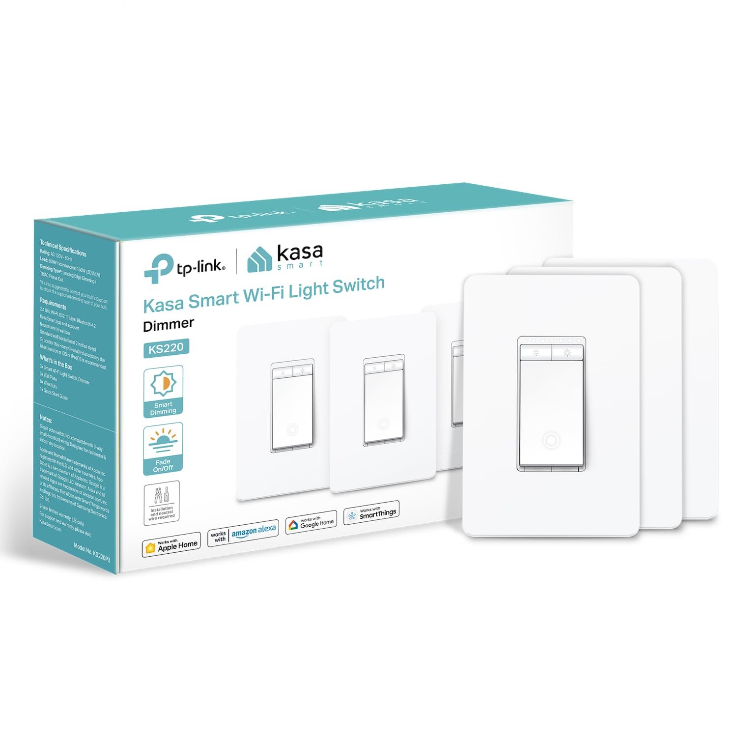 3 Pack Kasa Apple HomeKit Smart Dimmer Switch KS220P3, Single Pole, Neutral Wire Required,2.4GHz Wi-Fi Light Works with Siri