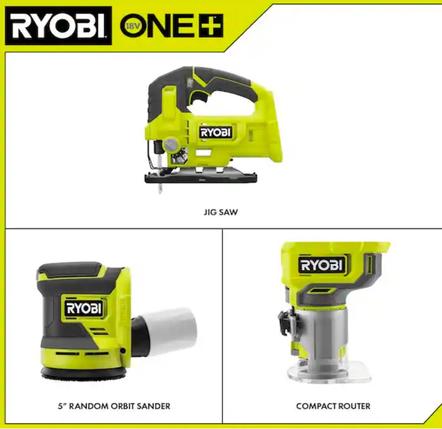 Ryobi One+ 18V Cordless 3-Tool Combo Kit: Jig Saw, Router & Random Orbit Sander