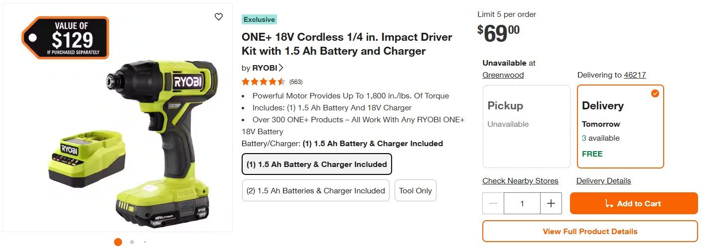 ONE+ 18V Cordless 1/4 in. Impact Driver Kit with 1.5 Ah Battery and Charger