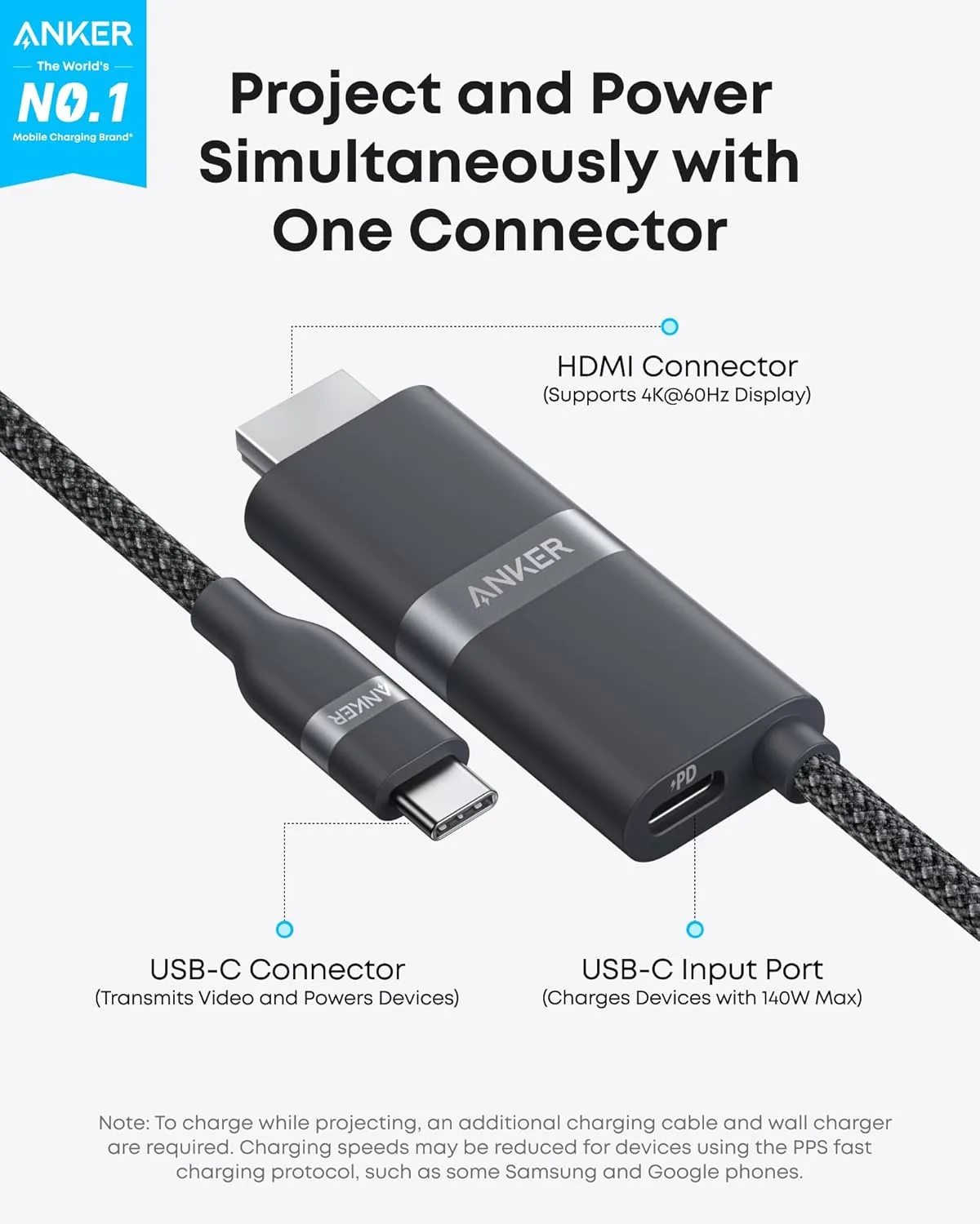 Prime: Anker Nano 6' USB-C to HDMI Cable Adapter w/ 140W PD Fast Charging Port