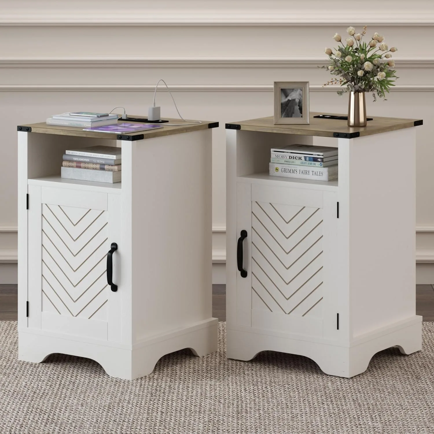 RoyalCraft Farmhouse Nightstand Set of 2, Tall Nightstand with Charging Station, Large End Table with Storage, White Wood Bedside Table for