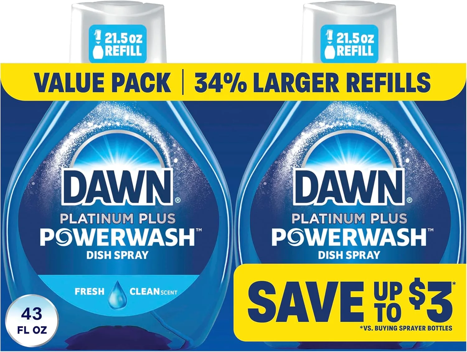 Dawn Powerwash Fresh Dish Spray, Liquid Dish Soap, Dish Soap Refill, Dish Detergent Liquid, 2 Refills, 2x21.5 Fl Oz