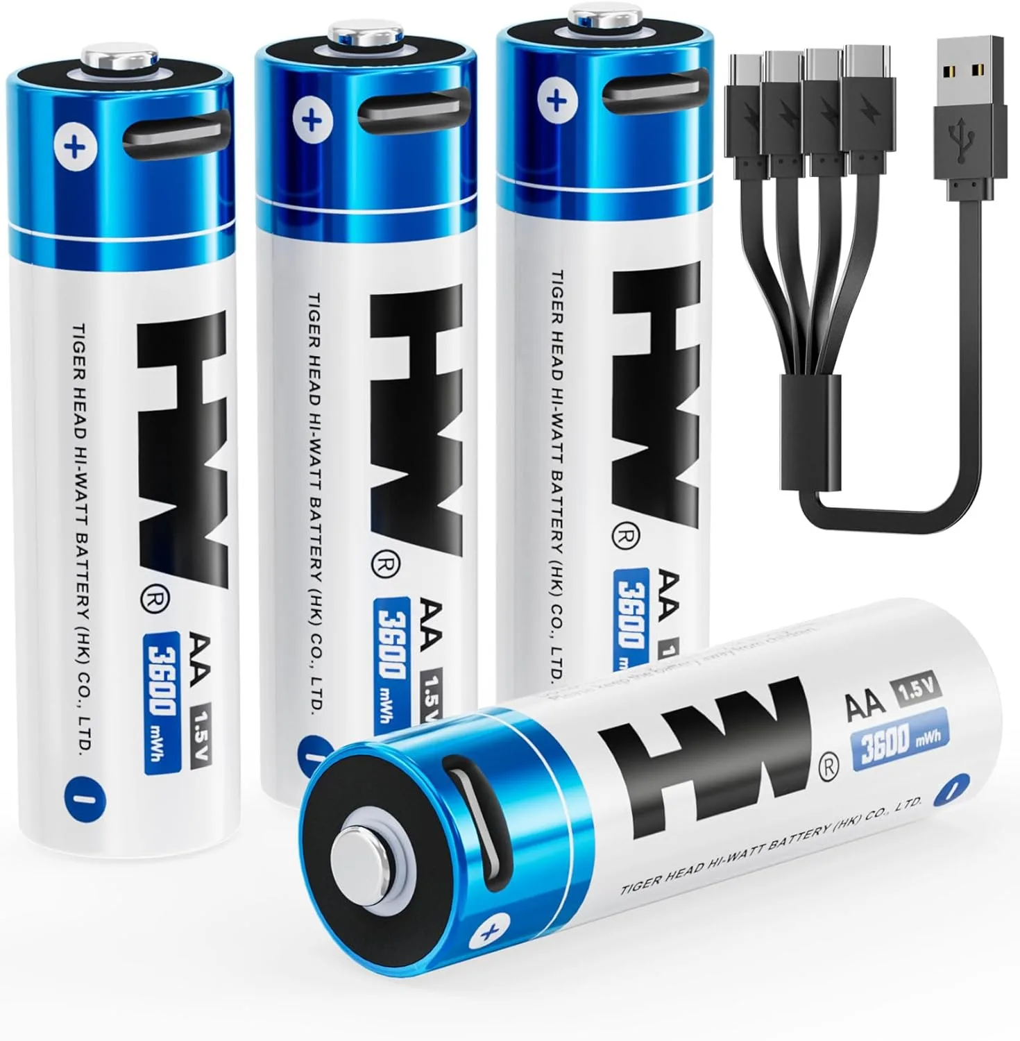 HW Rechargeable AA Batteries, [4-Pack] 1.5V 3600mWh Lithium Batteries with USB-C Cable