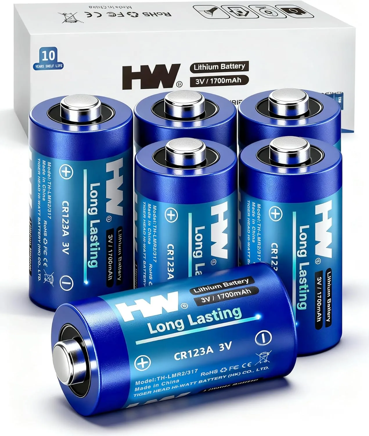 HW CR123A 3V Lithium Battery, [6-Pack] 1700mAh High Capacity 123 Batteries, 3 Volt CR17345